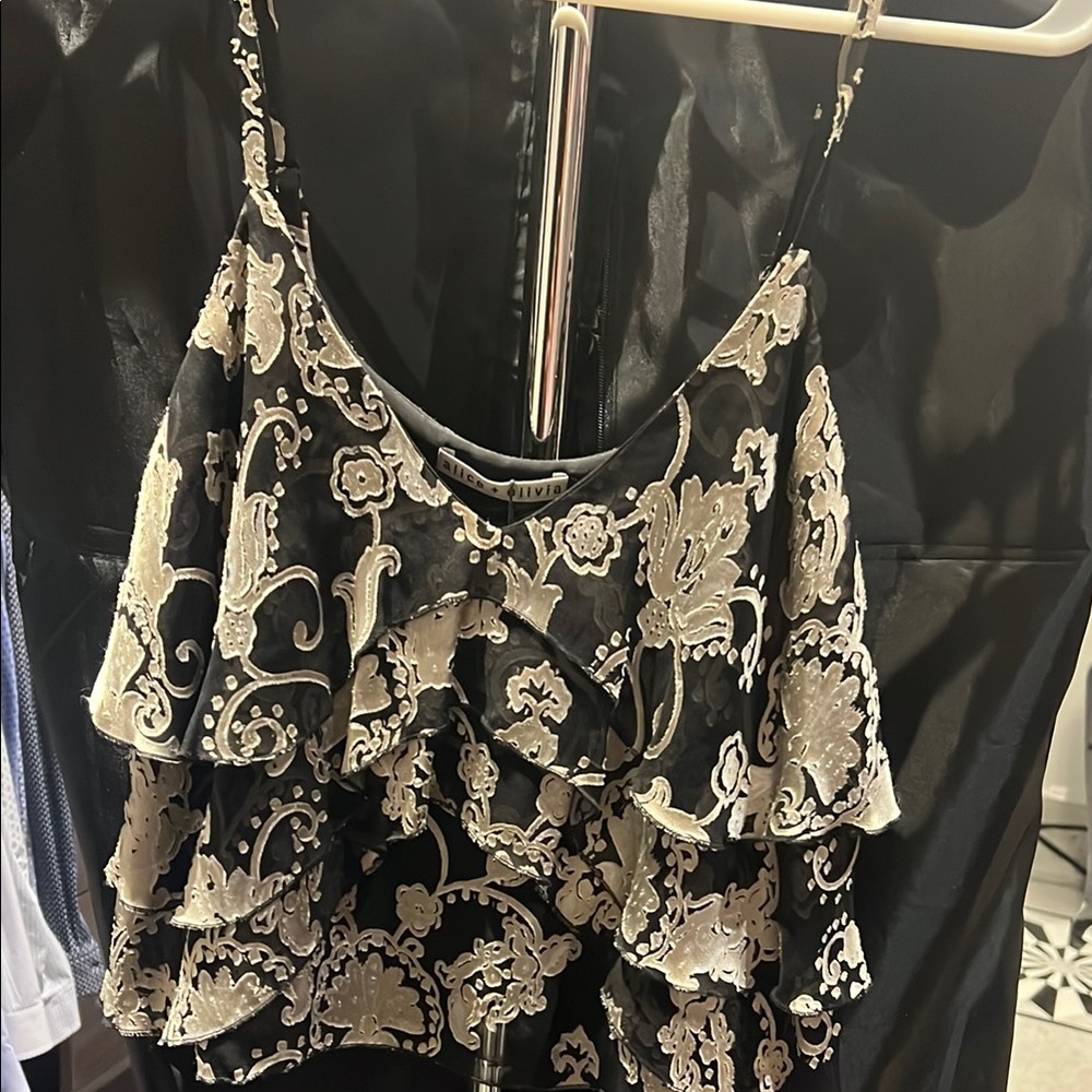 Alice & Olivia- Floral Black and Cream Ruffle Top
